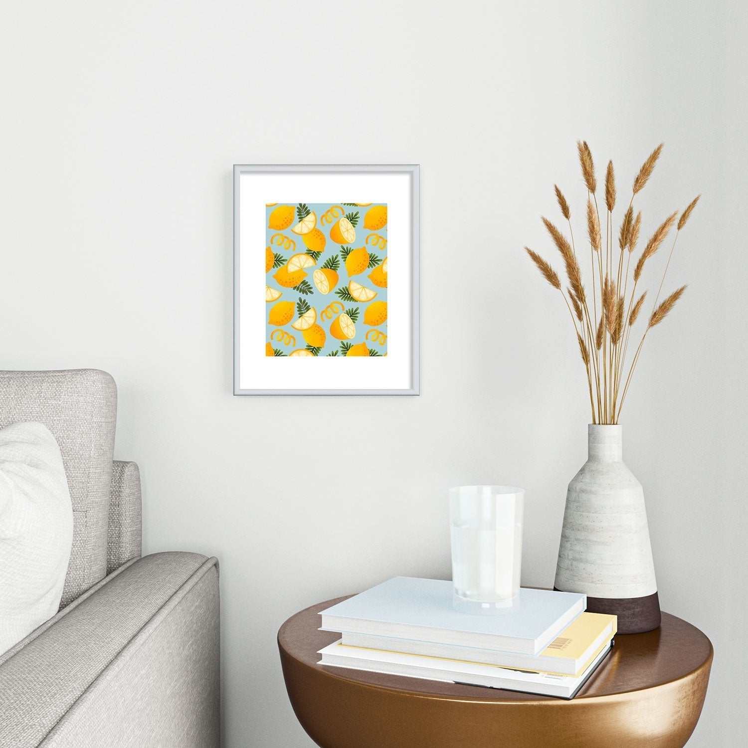 Jessica Molina Lemon Pattern on Sky Blue Metal Framed Art Print
