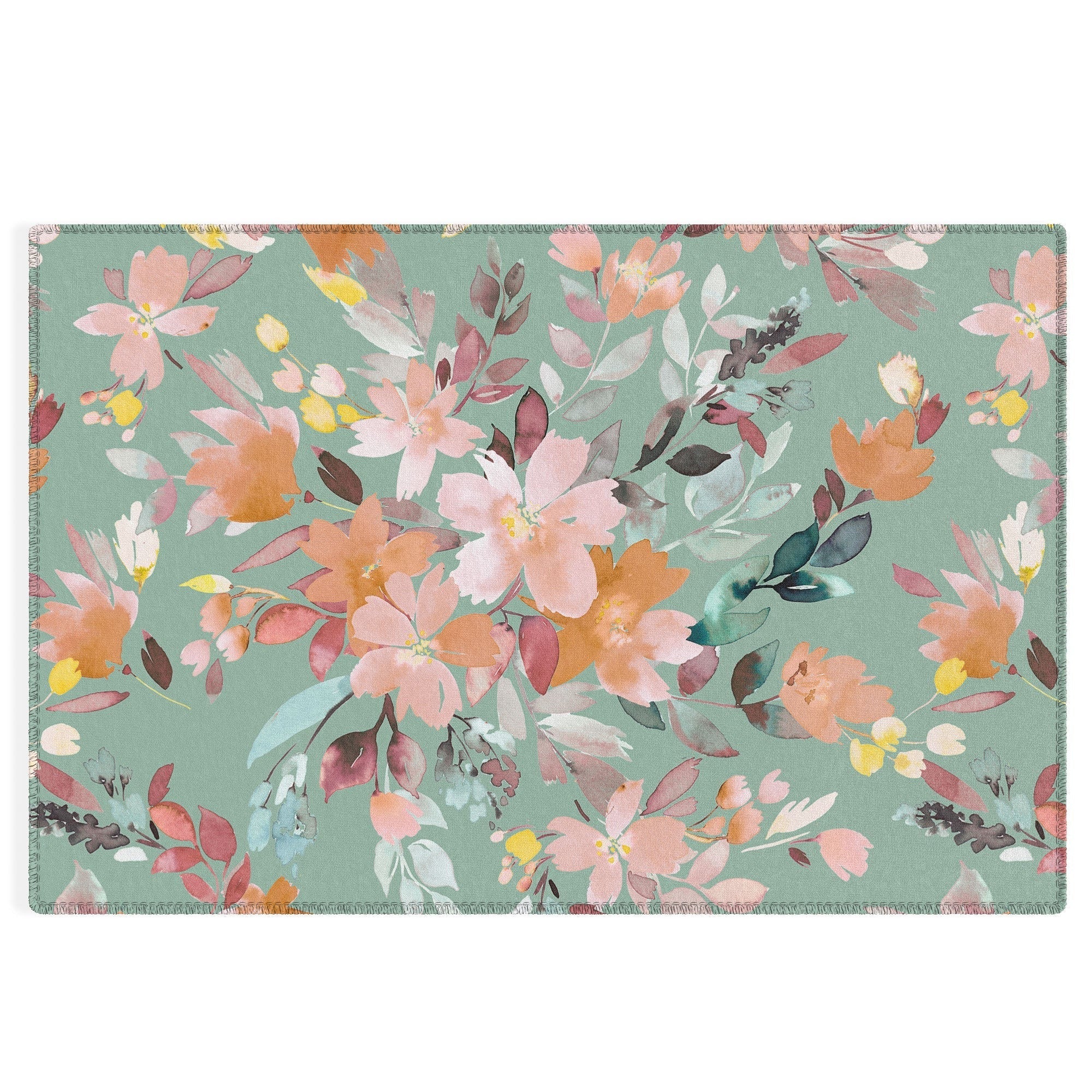 Ninola Design Botanic Retreat Floral Oleander Whimsical Teal Green Outdoor Rug