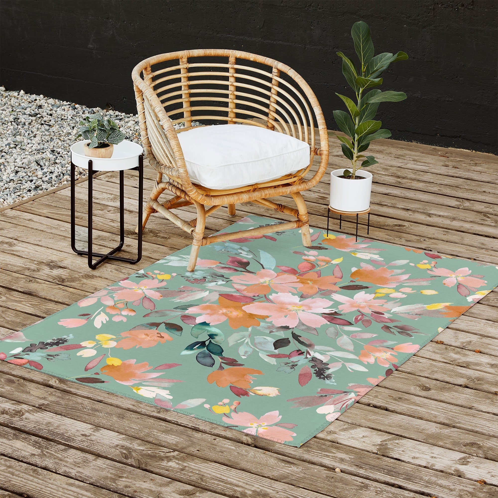 Ninola Design Botanic Retreat Floral Oleander Whimsical Teal Green Outdoor Rug