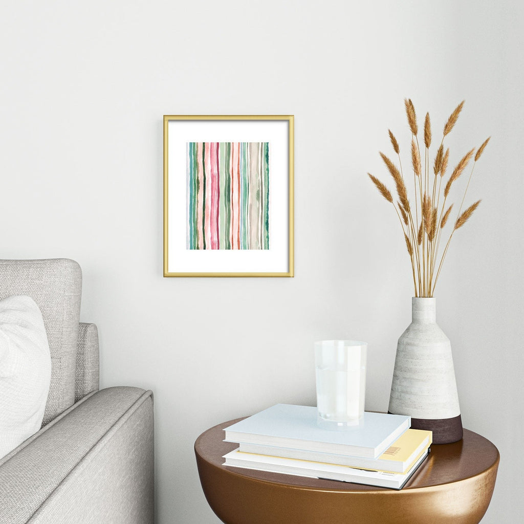 Ninola Design Botanic Retreat Watercolor Stripes Green Orange Red Metal Framed Art Print