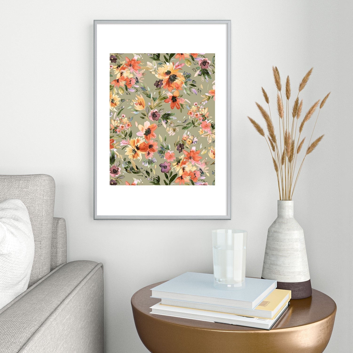 Ninola Design Botanic Retreat Painterly Tropical Flowers Sage Green Metal Framed Art Print