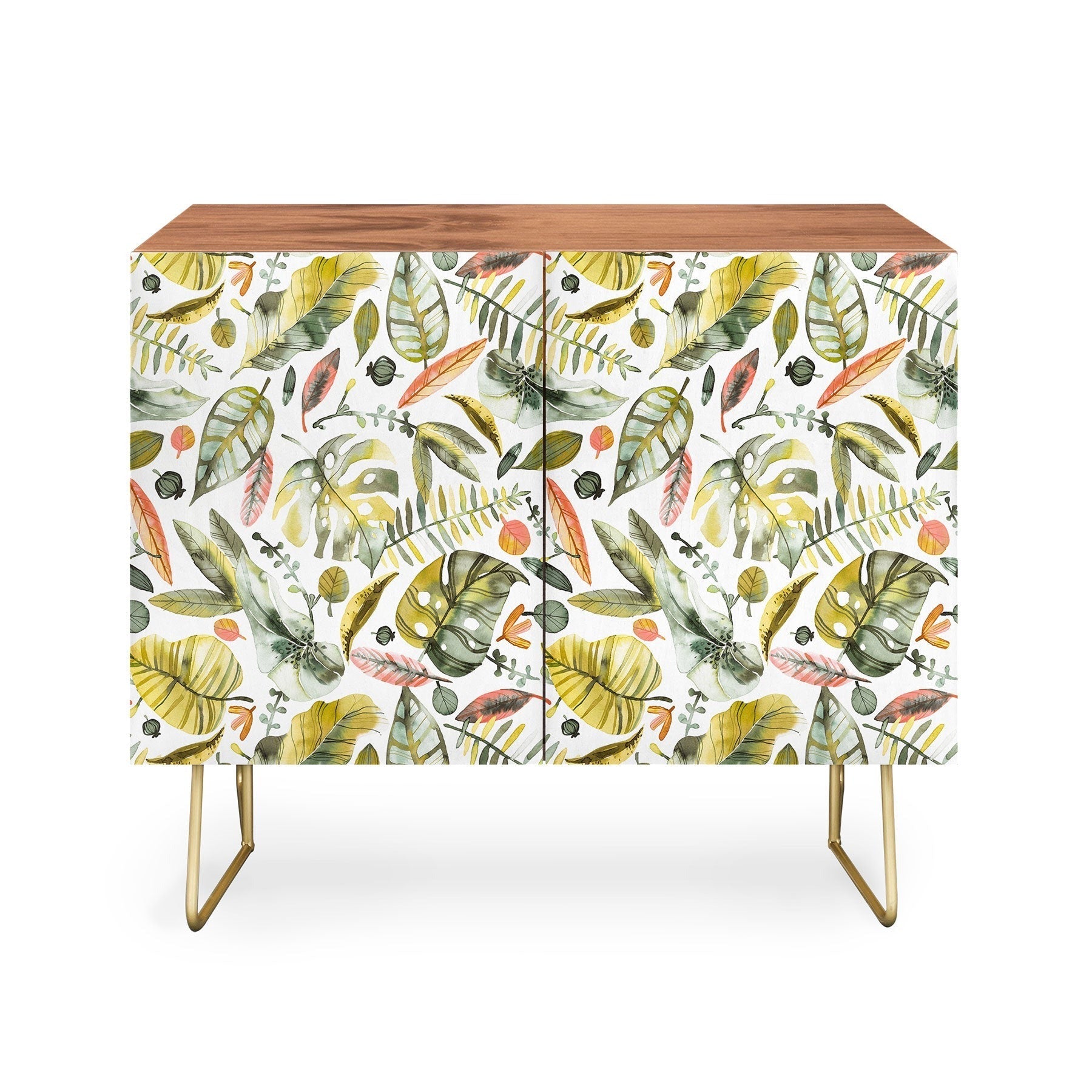 Ninola Design Botanic Retreat Tropical Jungle Leaves Botanical Green Orange Credenza