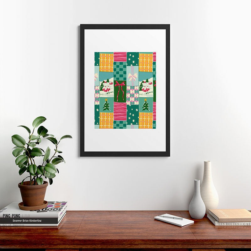 LouBruzzoni Cozy Christmas Patchwork Framed Art Print
