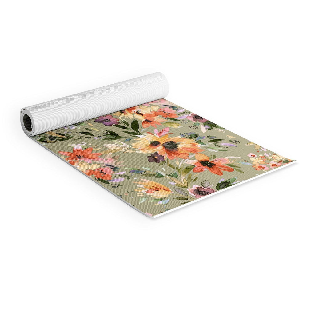 Ninola Design Botanic Retreat Painterly Tropical Flowers Sage Green Yoga Mat