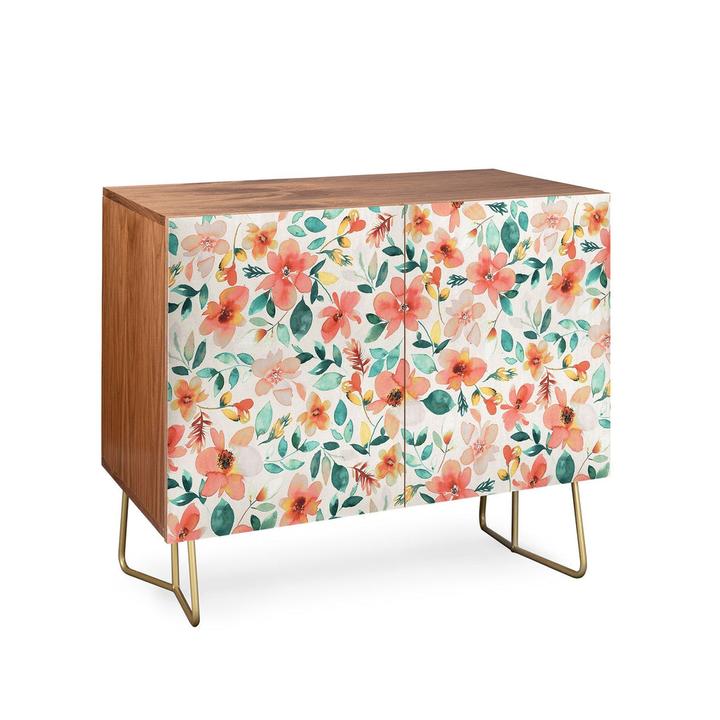 Ninola Design Botanic Retreat Tropical Whimsical Flowers Coral Green Credenza