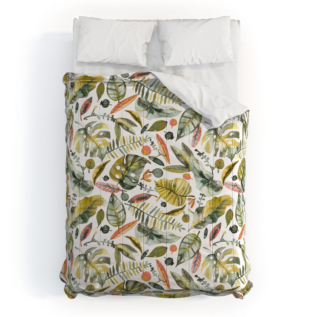 Ninola Design Botanic Retreat Tropical Jungle Leaves Botanical Green Orange Comforter