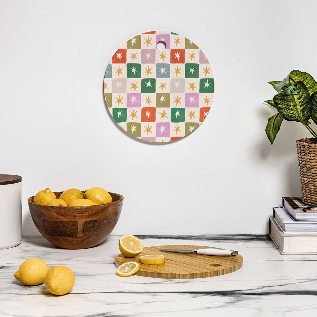 LouBruzzoni Retro Star Block Pattern Cutting Board Round