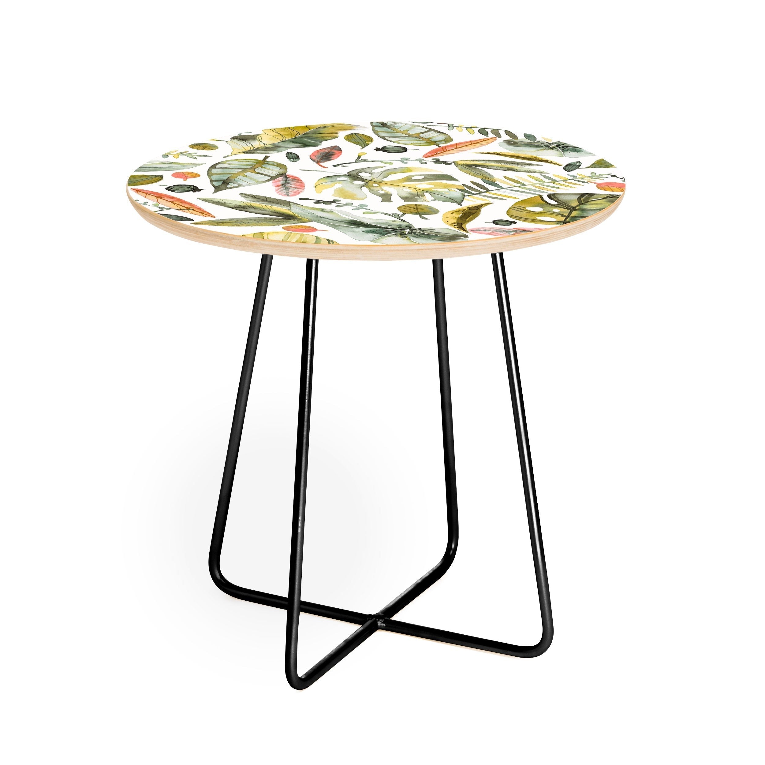 Ninola Design Botanic Retreat Tropical Jungle Leaves Botanical Green Orange Round Side Table