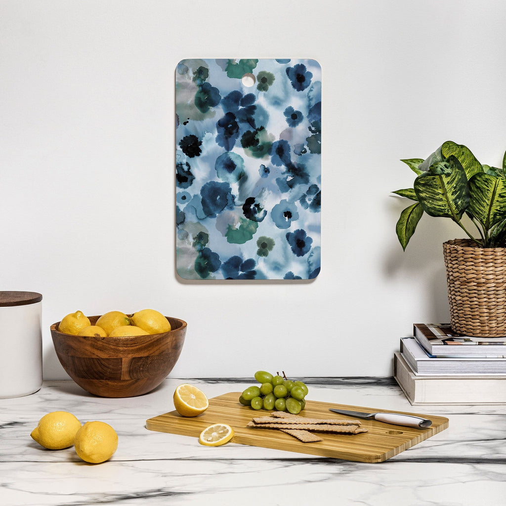 Ninola Design Botanic Retreat Ombre Abstract Watercolor Flowers Blue Navy Cutting Board Rectangle