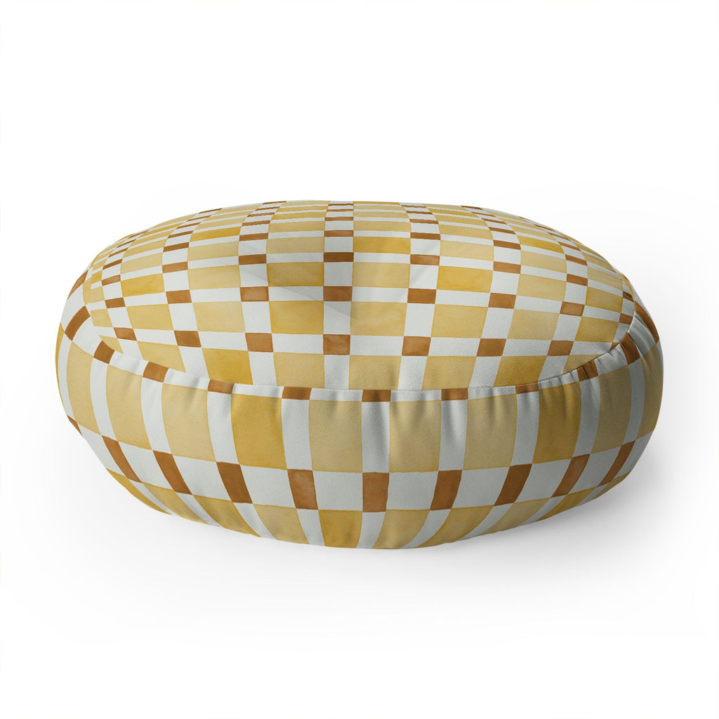 Ninola Design Everyday Artifact Checker Mosaic Tiles Geometry Yellow Floor Pillow Round