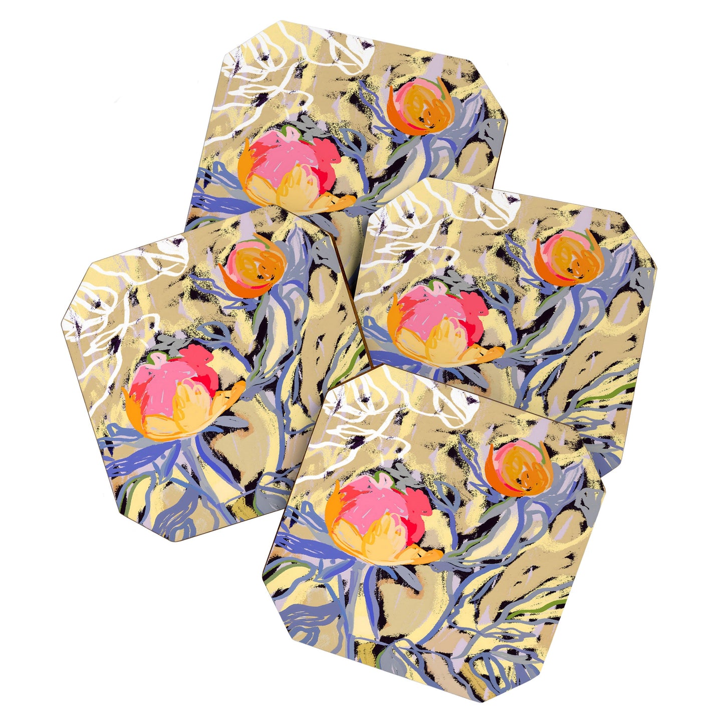 83 Oranges Blooms in The Butter Forest Coaster Set