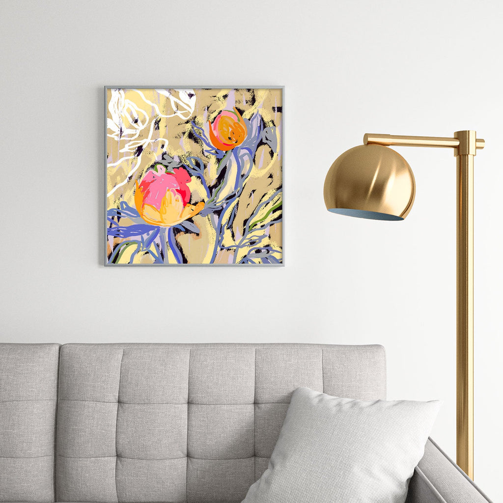 83 Oranges Blooms in The Butter Forest Square Metal Framed Art Print