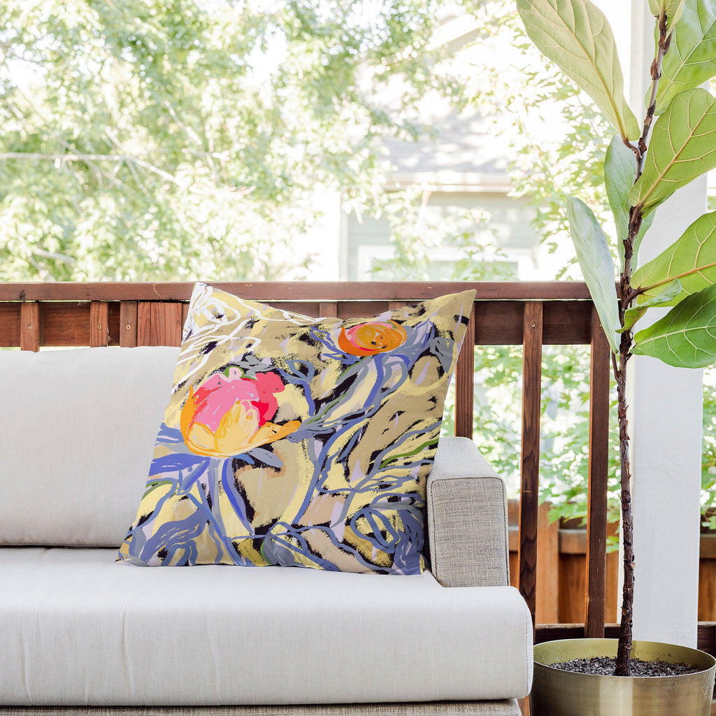 83 Oranges Blooms in The Butter Forest Outdoor Throw Pillow