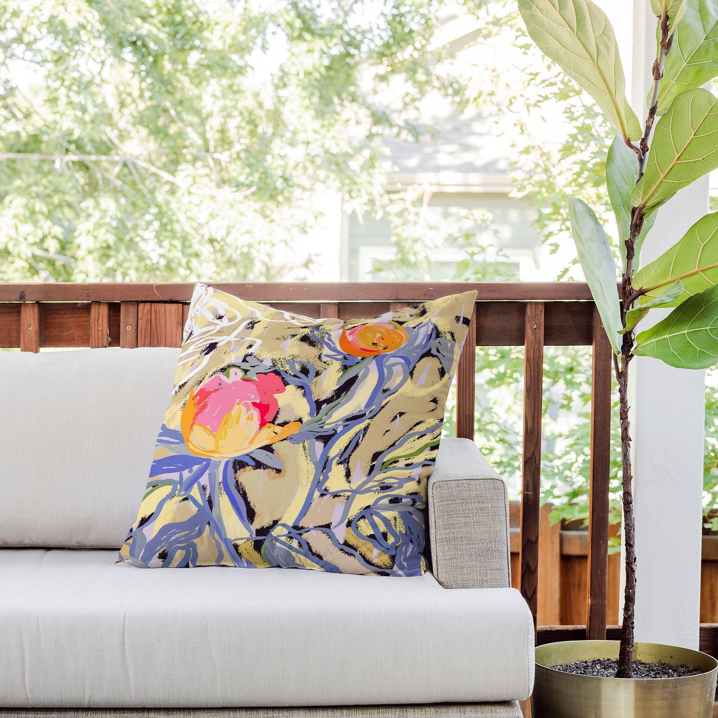83 Oranges Blooms in The Butter Forest Outdoor Throw Pillow