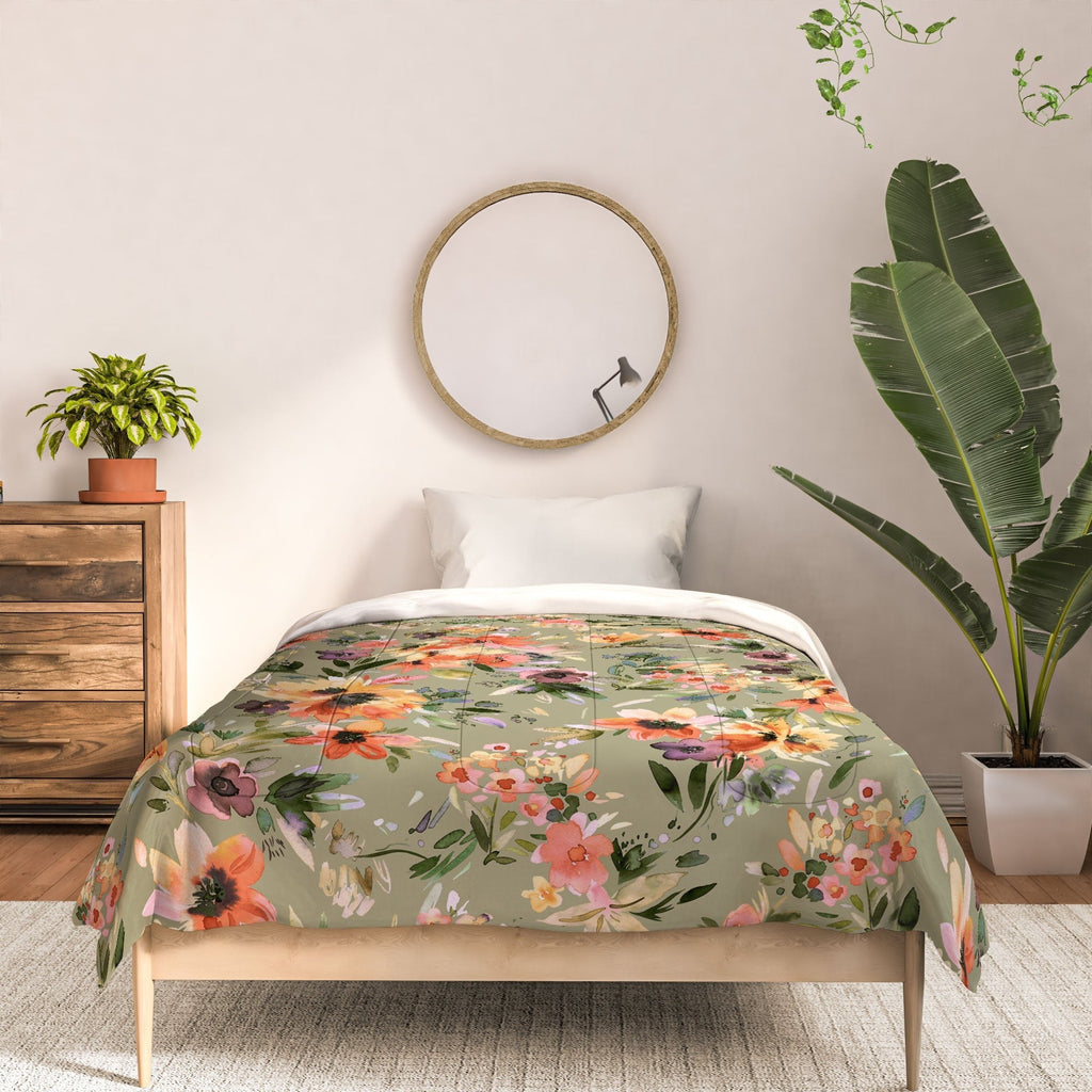 Ninola Design Botanic Retreat Painterly Tropical Flowers Sage Green Comforter