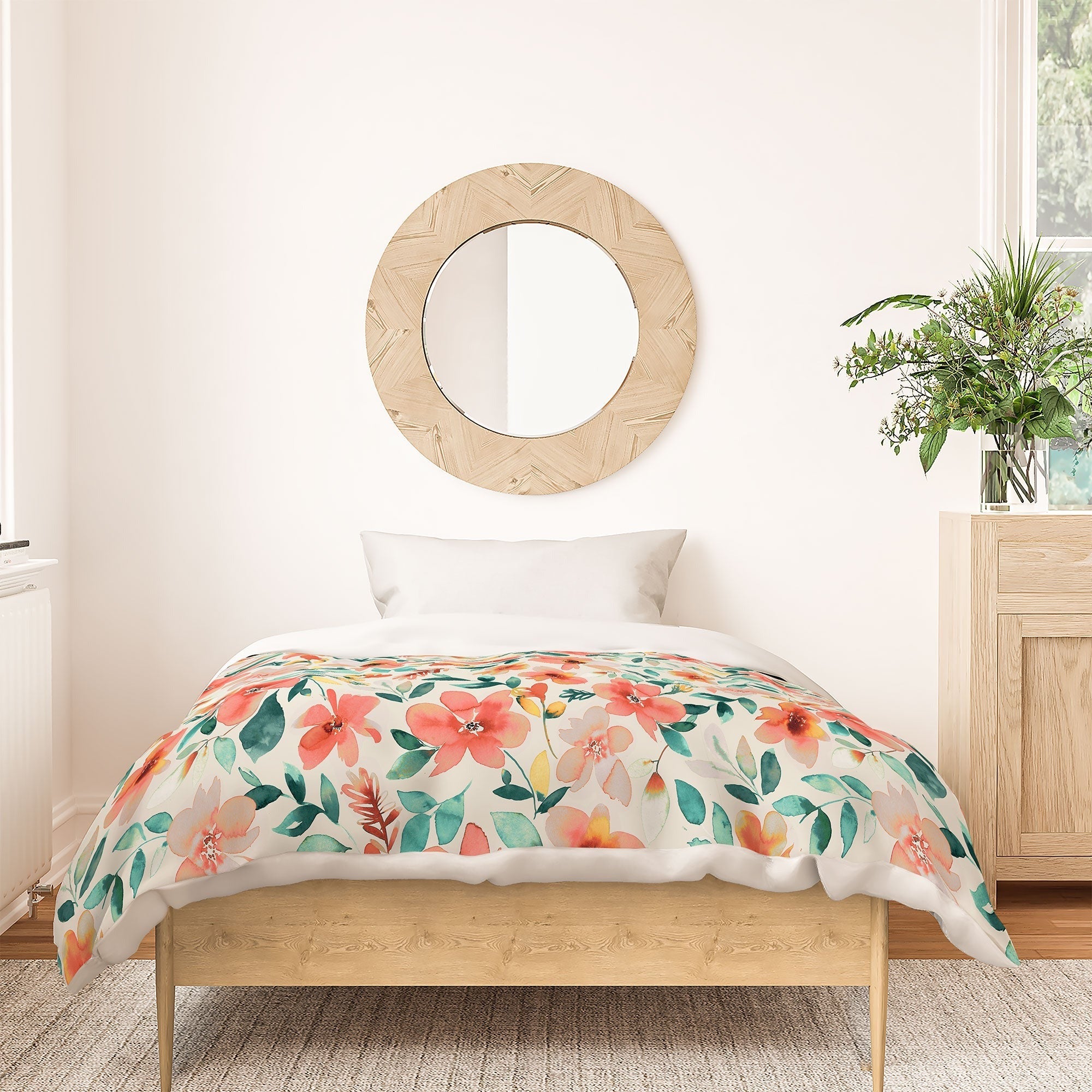 Ninola Design Botanic Retreat Tropical Whimsical Flowers Coral Green Duvet Cover