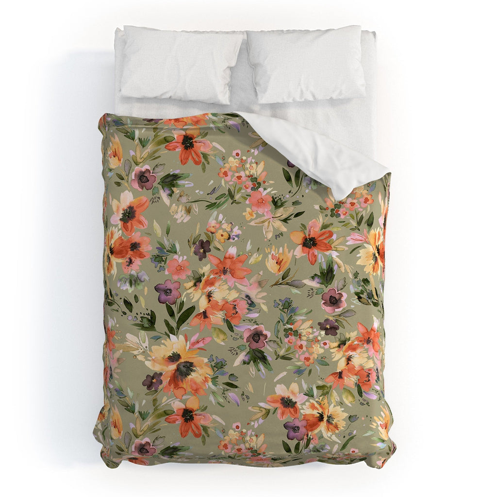 Ninola Design Botanic Retreat Painterly Tropical Flowers Sage Green Duvet Cover