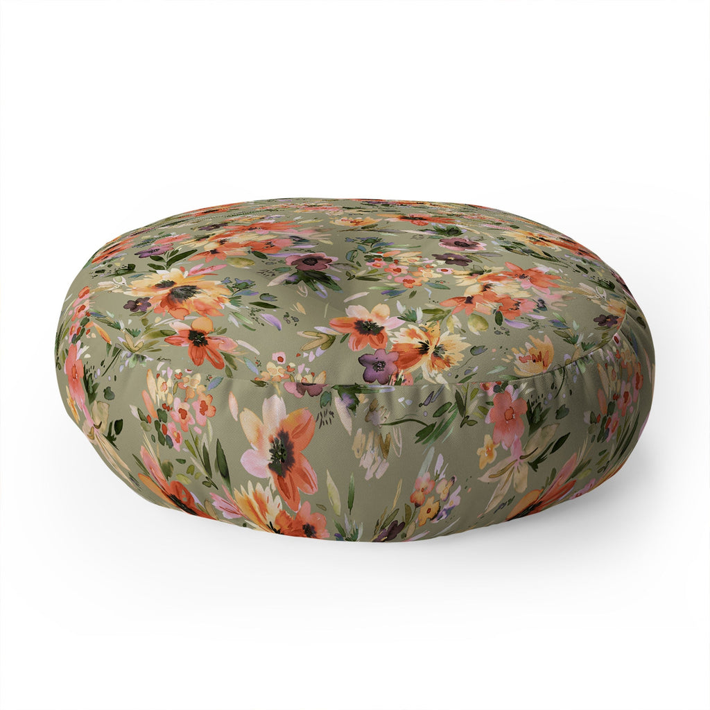 Ninola Design Botanic Retreat Painterly Tropical Flowers Sage Green Floor Pillow Round