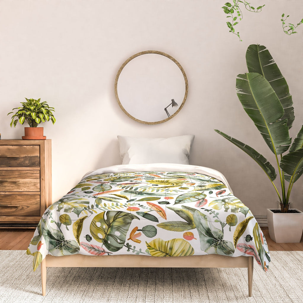 Ninola Design Botanic Retreat Tropical Jungle Leaves Botanical Green Orange Comforter