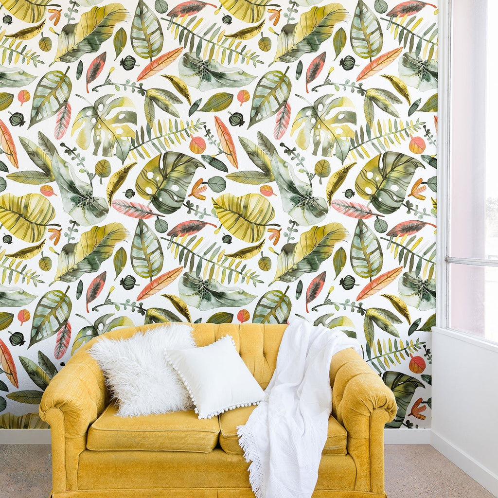 Ninola Design Botanic Retreat Tropical Jungle Leaves Botanical Green Orange Wall Mural