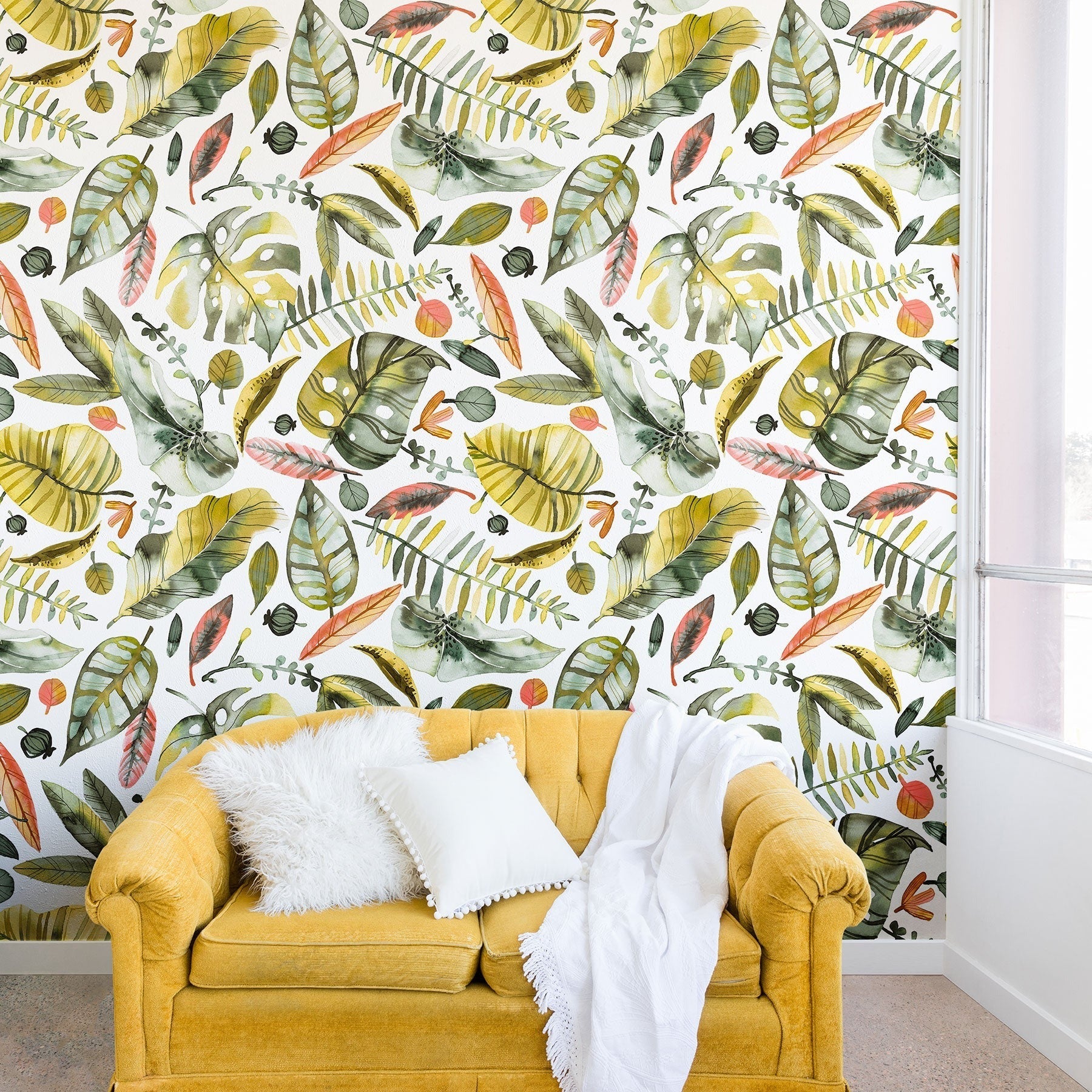 Ninola Design Botanic Retreat Tropical Jungle Leaves Botanical Green Orange Wall Mural