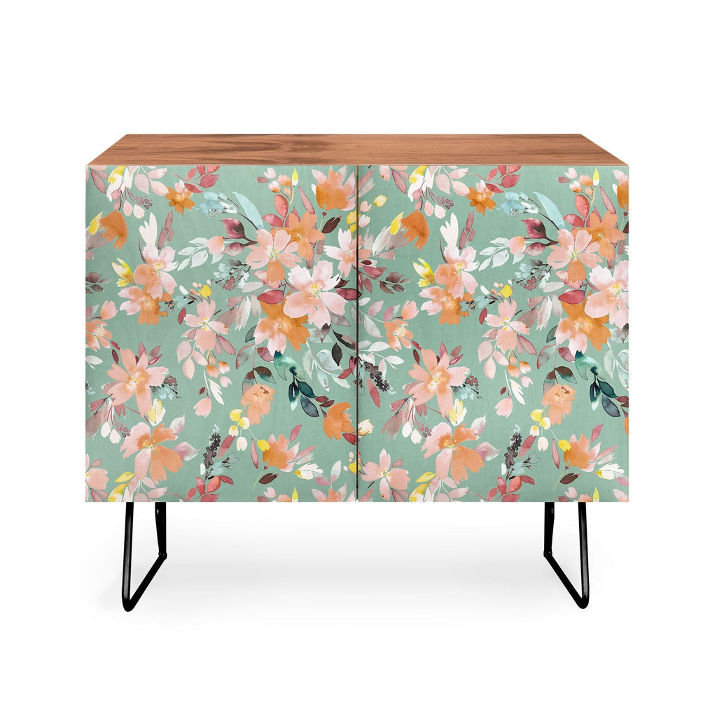 Ninola Design Botanic Retreat Floral Oleander Whimsical Teal Green Credenza
