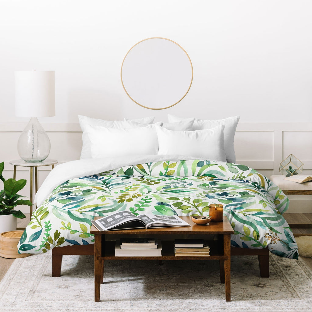 Ninola Design Botanic Retreat Loose Botanical Leaves Watercolor Green Duvet Cover