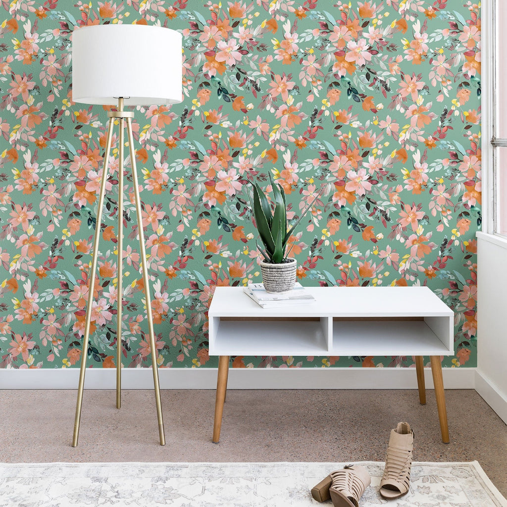 Ninola Design Botanic Retreat Floral Oleander Whimsical Teal Green Wallpaper
