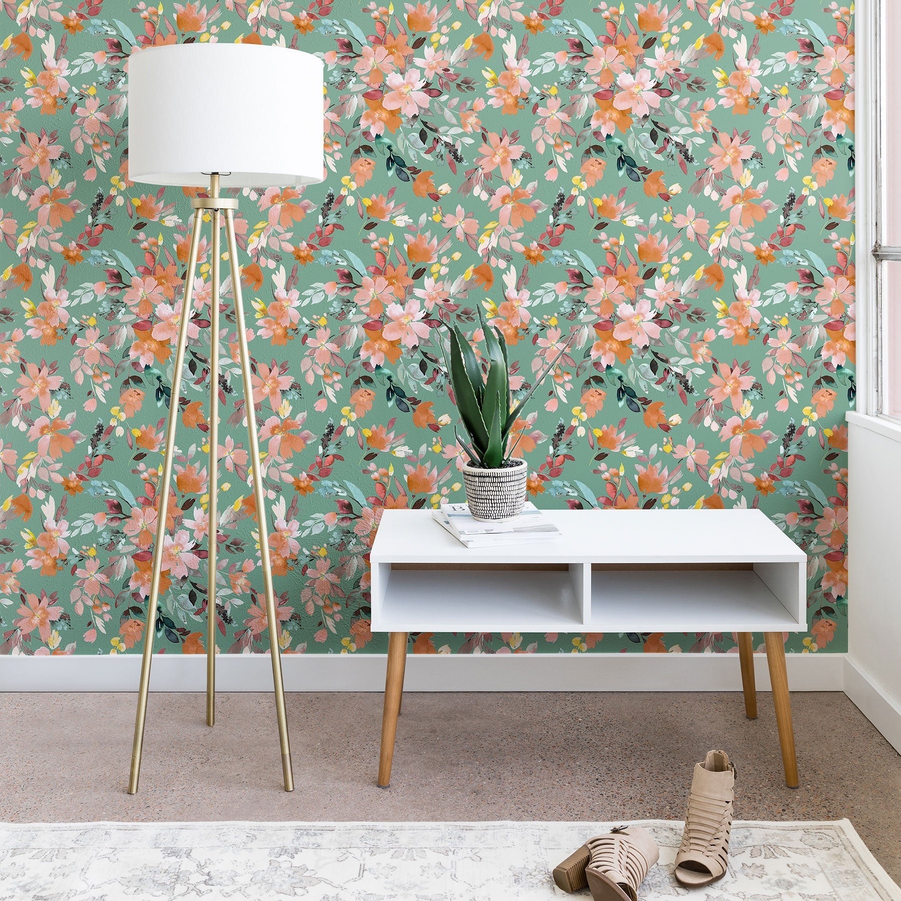 Ninola Design Botanic Retreat Floral Oleander Whimsical Teal Green Wallpaper