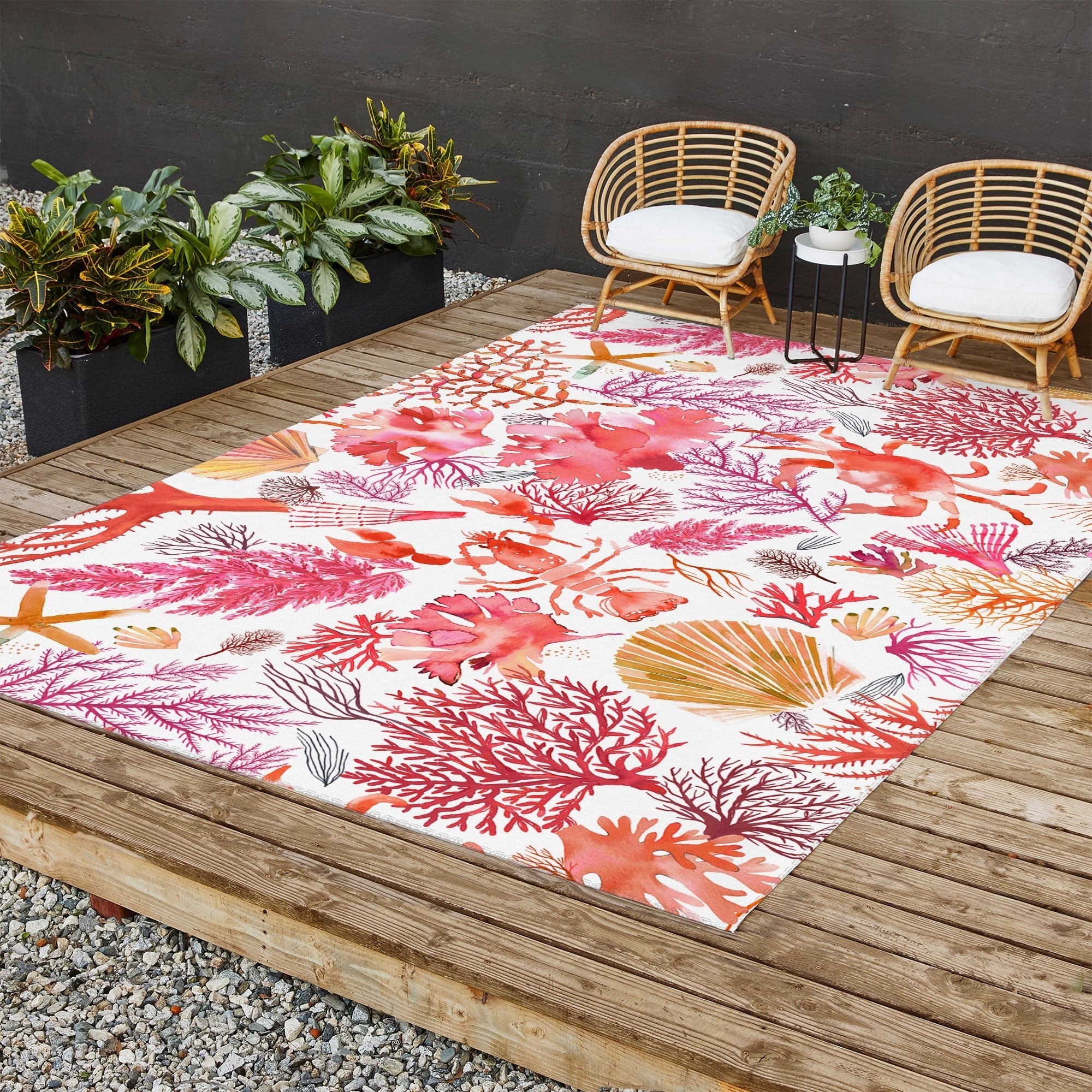 Ninola Design Botanic Retreat Coral Reef Crab Lobster Red Outdoor Rug