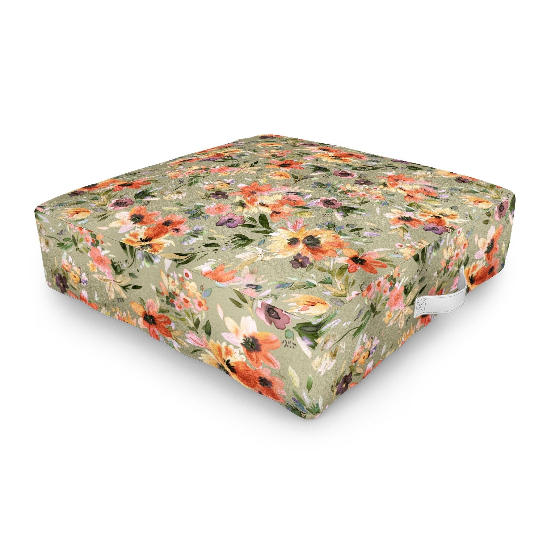 Ninola Design Botanic Retreat Painterly Tropical Flowers Sage Green Outdoor Floor Cushion