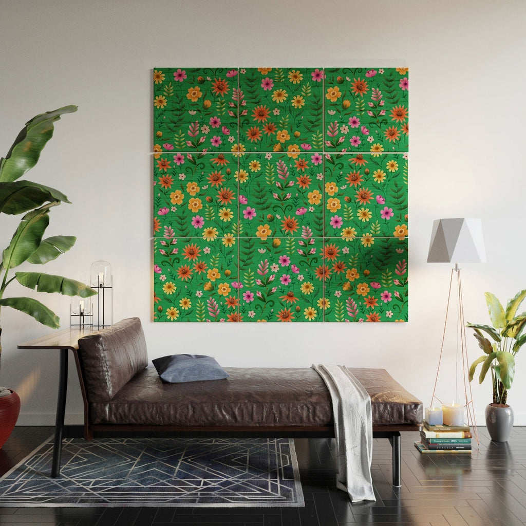 Pimlada Phuapradit Ditsy Spring Floral Green Wood Wall Mural