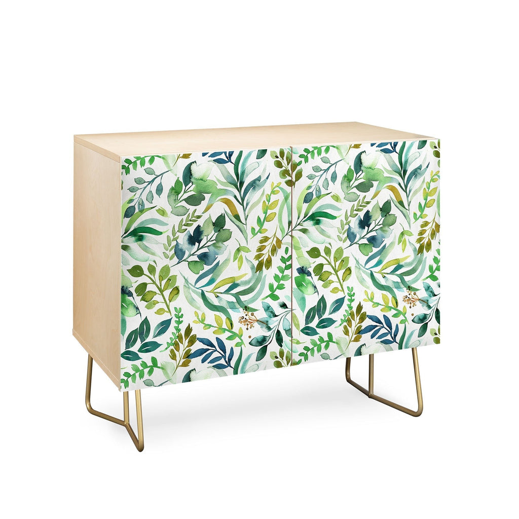 Ninola Design Botanic Retreat Loose Botanical Leaves Watercolor Green Credenza