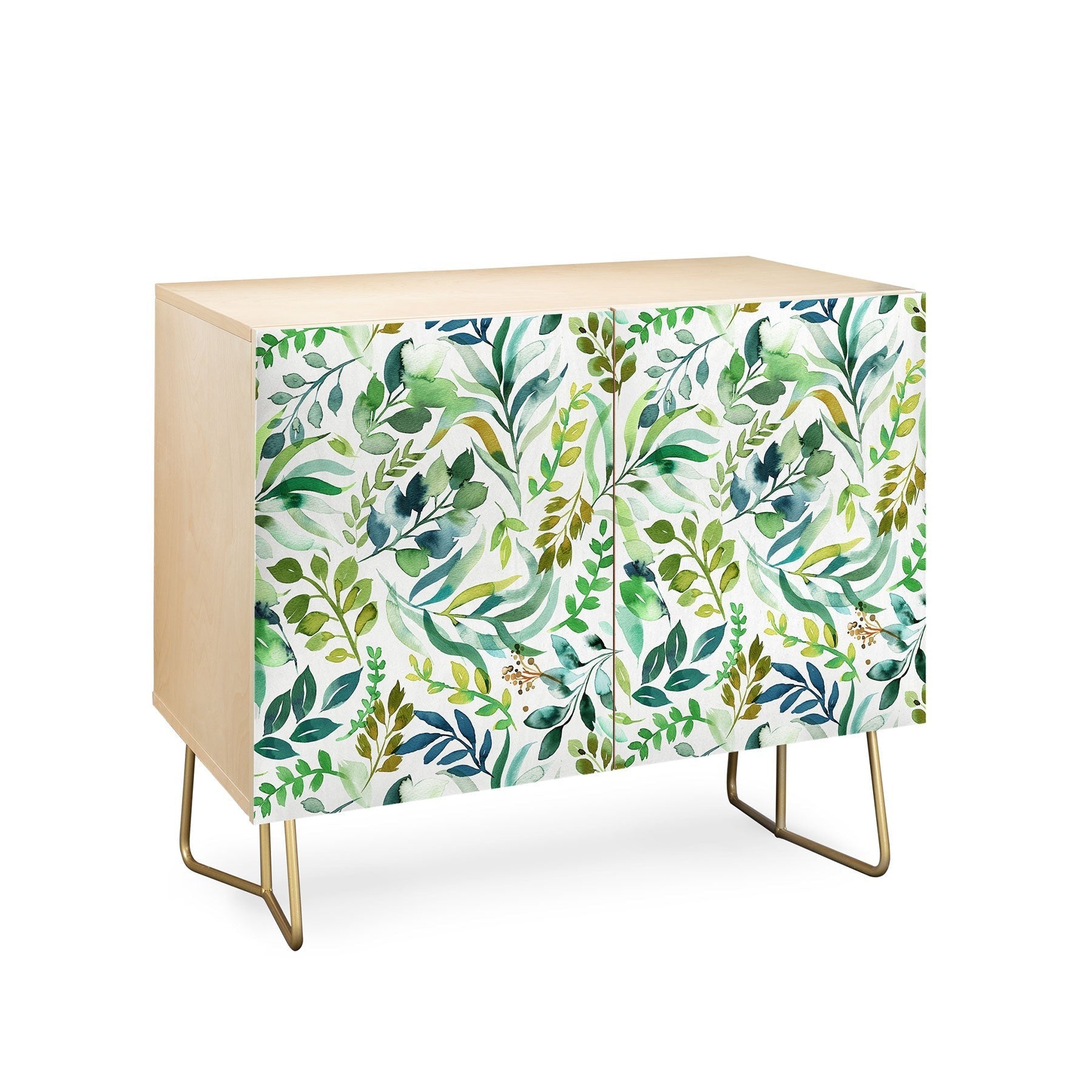 Ninola Design Botanic Retreat Loose Botanical Leaves Watercolor Green Credenza