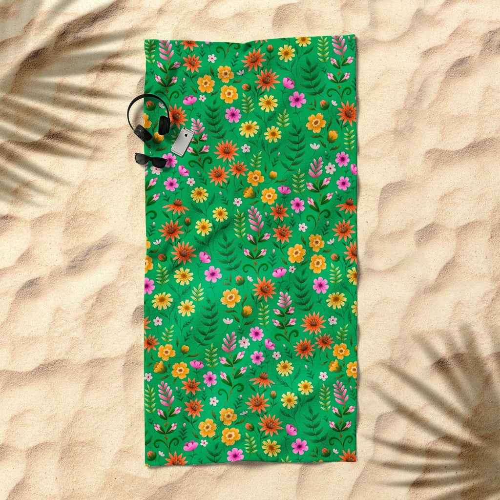 Pimlada Phuapradit Ditsy Spring Floral Green Beach Towel