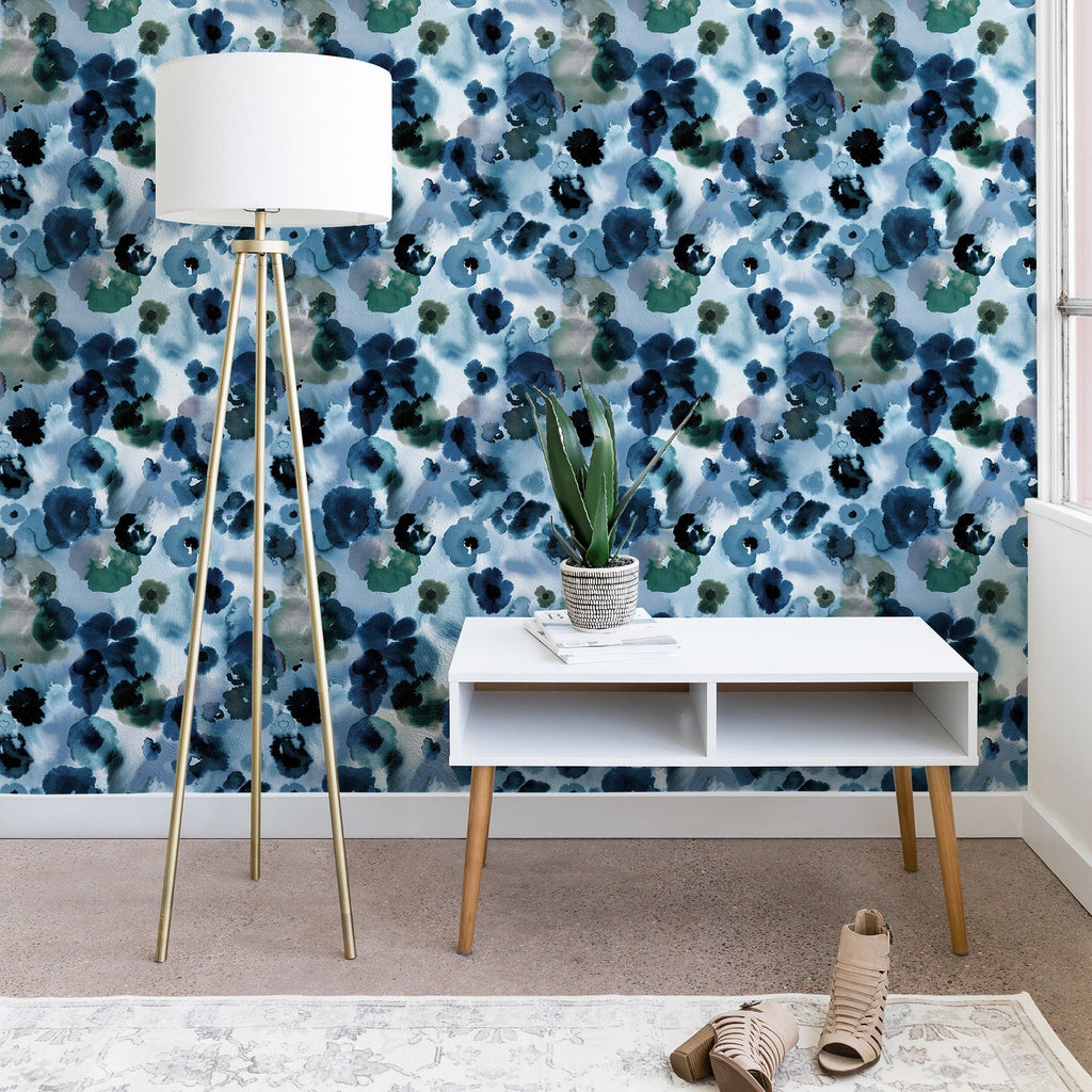 Ninola Design Botanic Retreat Ombre Abstract Watercolor Flowers Blue Navy Wallpaper