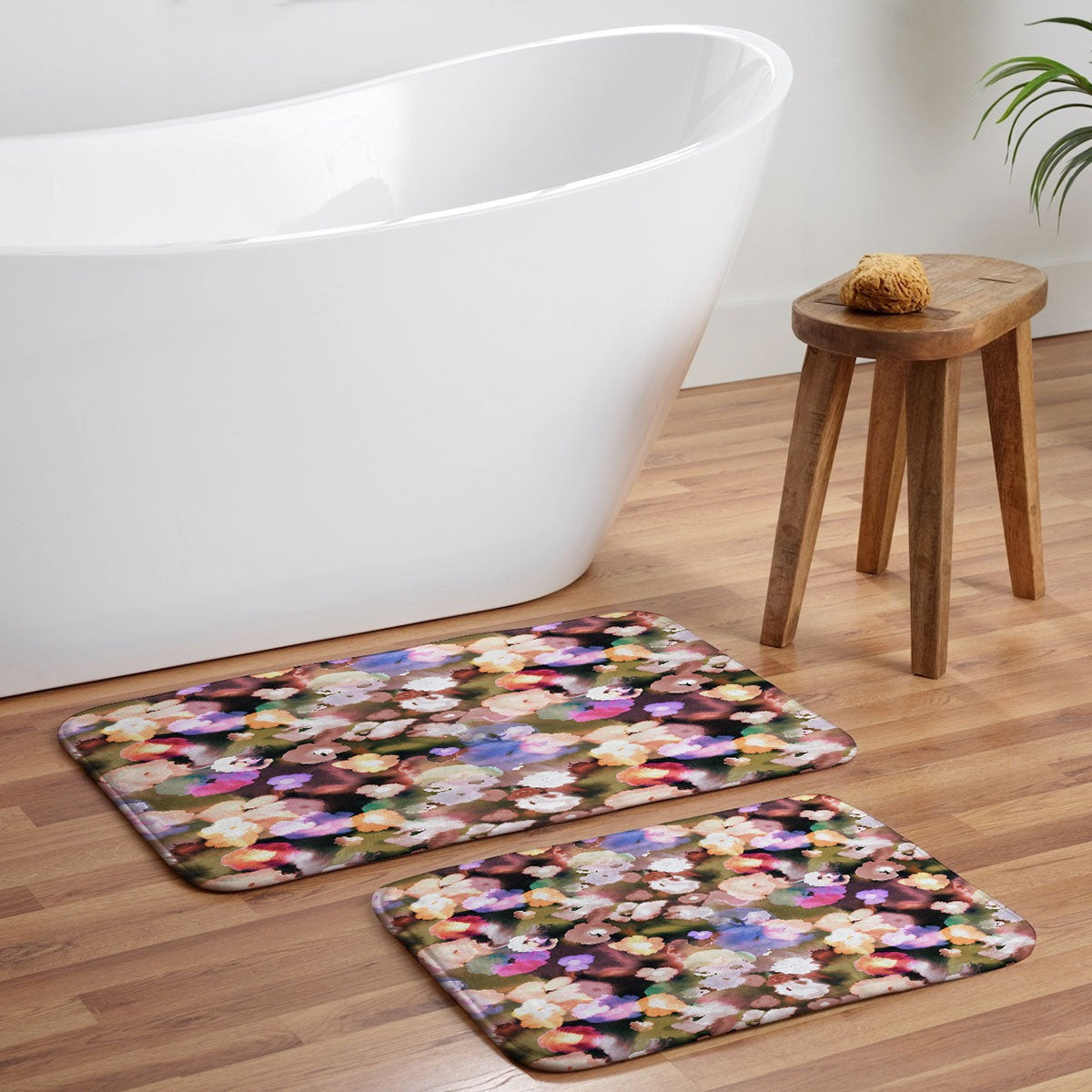 Ninola Design Botanic Retreat Ombre Abstract Watercolor Flowers Pink gold Memory Foam Bath Mat