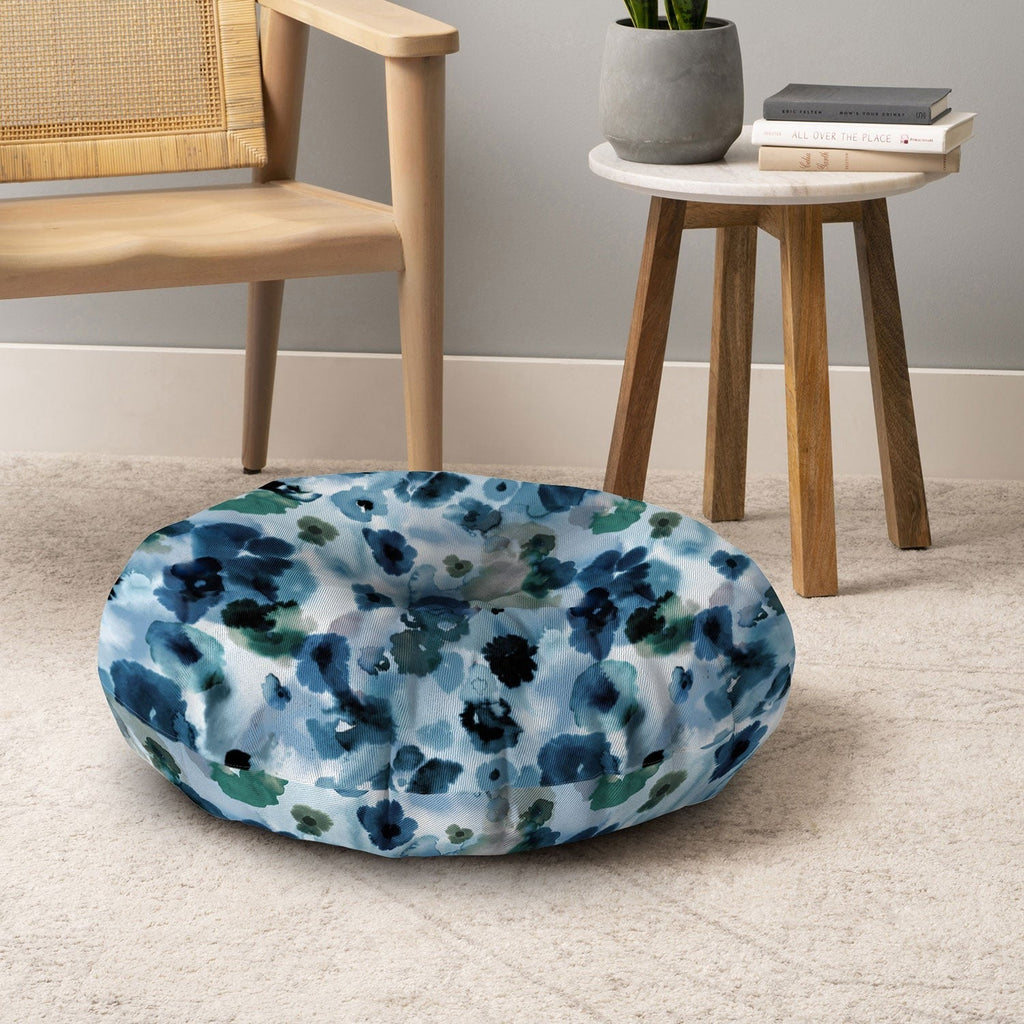 Ninola Design Botanic Retreat Ombre Abstract Watercolor Flowers Blue Navy Floor Pillow Round