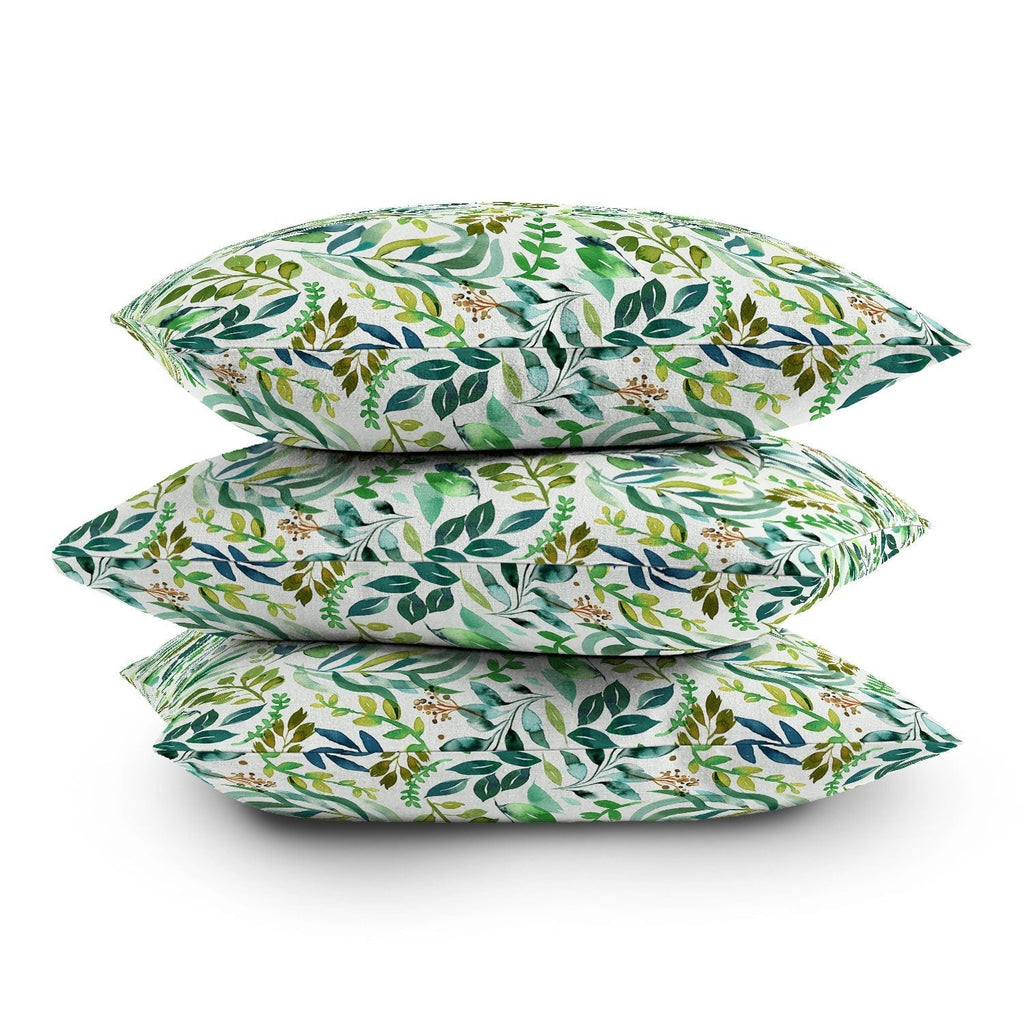 Ninola Design Botanic Retreat Loose Botanical Leaves Watercolor Green Outdoor Throw Pillow