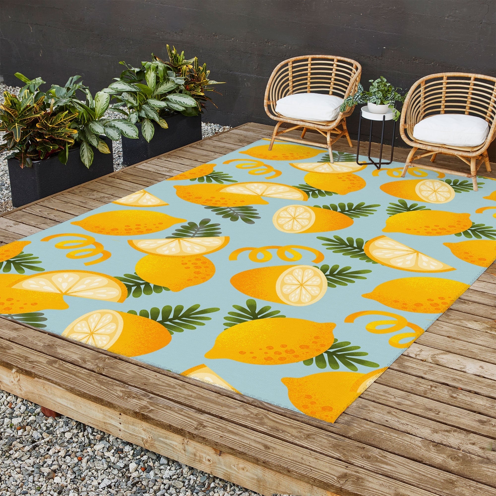 Jessica Molina Lemon Pattern on Sky Blue Outdoor Rug