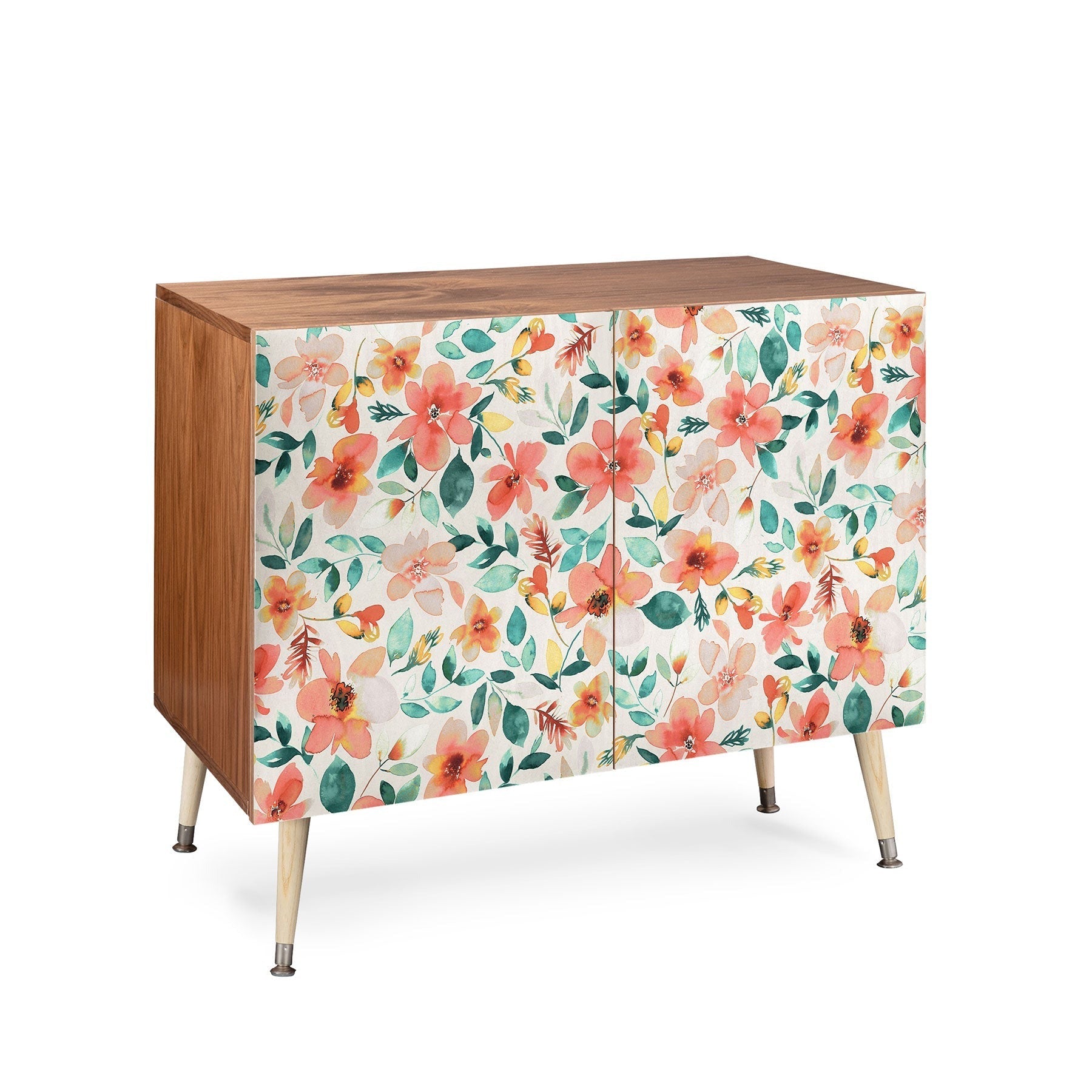 Ninola Design Botanic Retreat Tropical Whimsical Flowers Coral Green Credenza