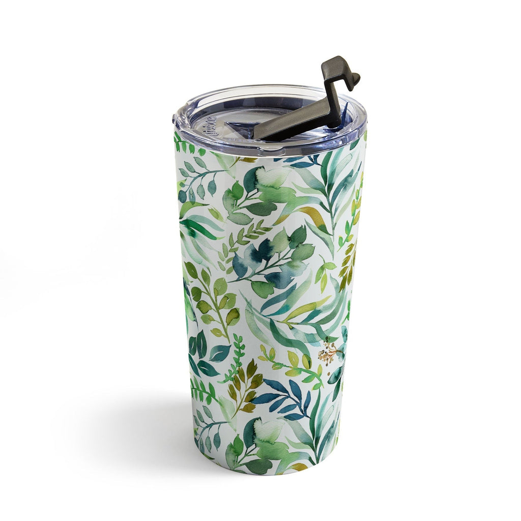 Ninola Design Botanic Retreat Loose Botanical Leaves Watercolor Green Travel Mug
