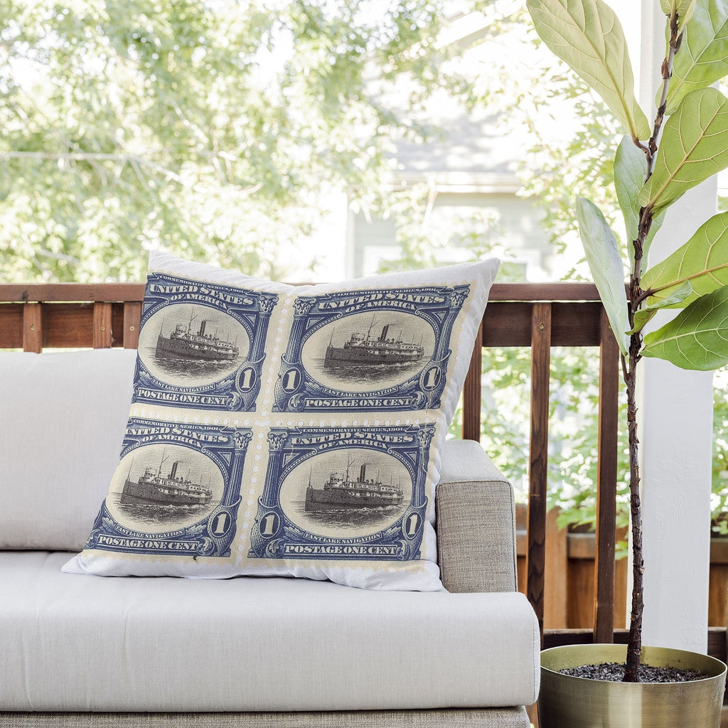 DENY Designs 1901 1c Fast Lake Navigation Stamps Outdoor Throw Pillow