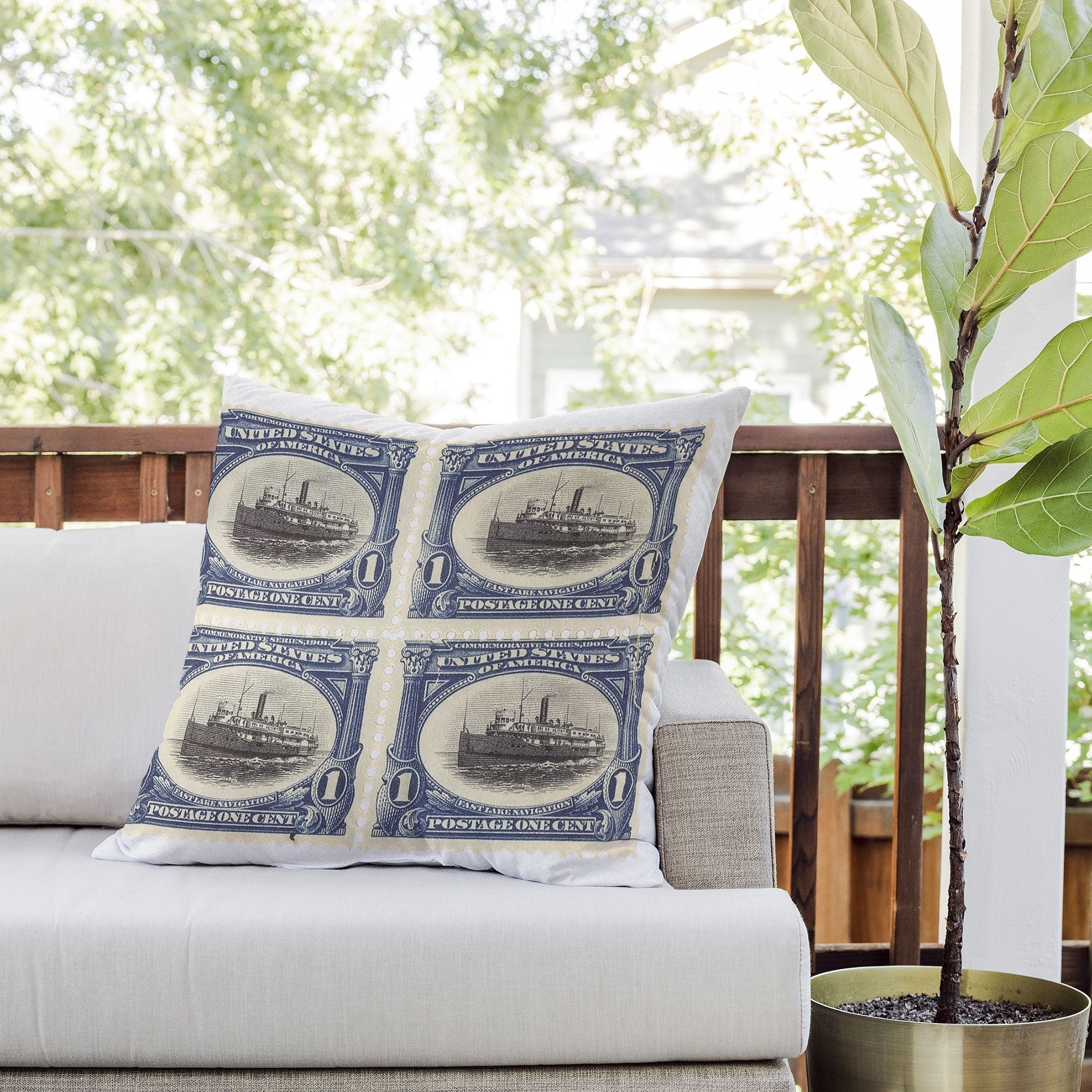 DENY Designs 1901 1c Fast Lake Navigation Stamps Outdoor Throw Pillow