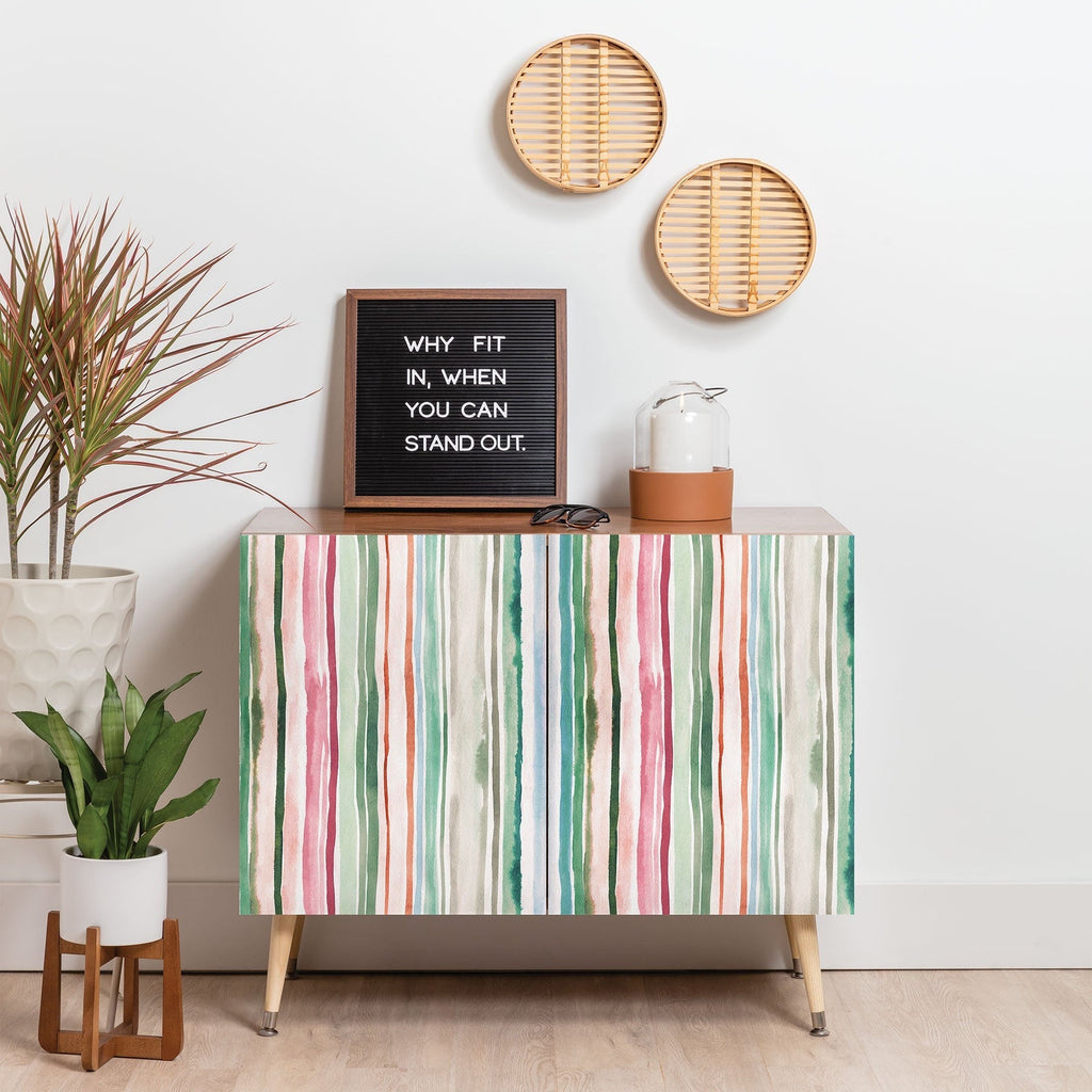 Ninola Design Botanic Retreat Watercolor Stripes Green Orange Red Credenza