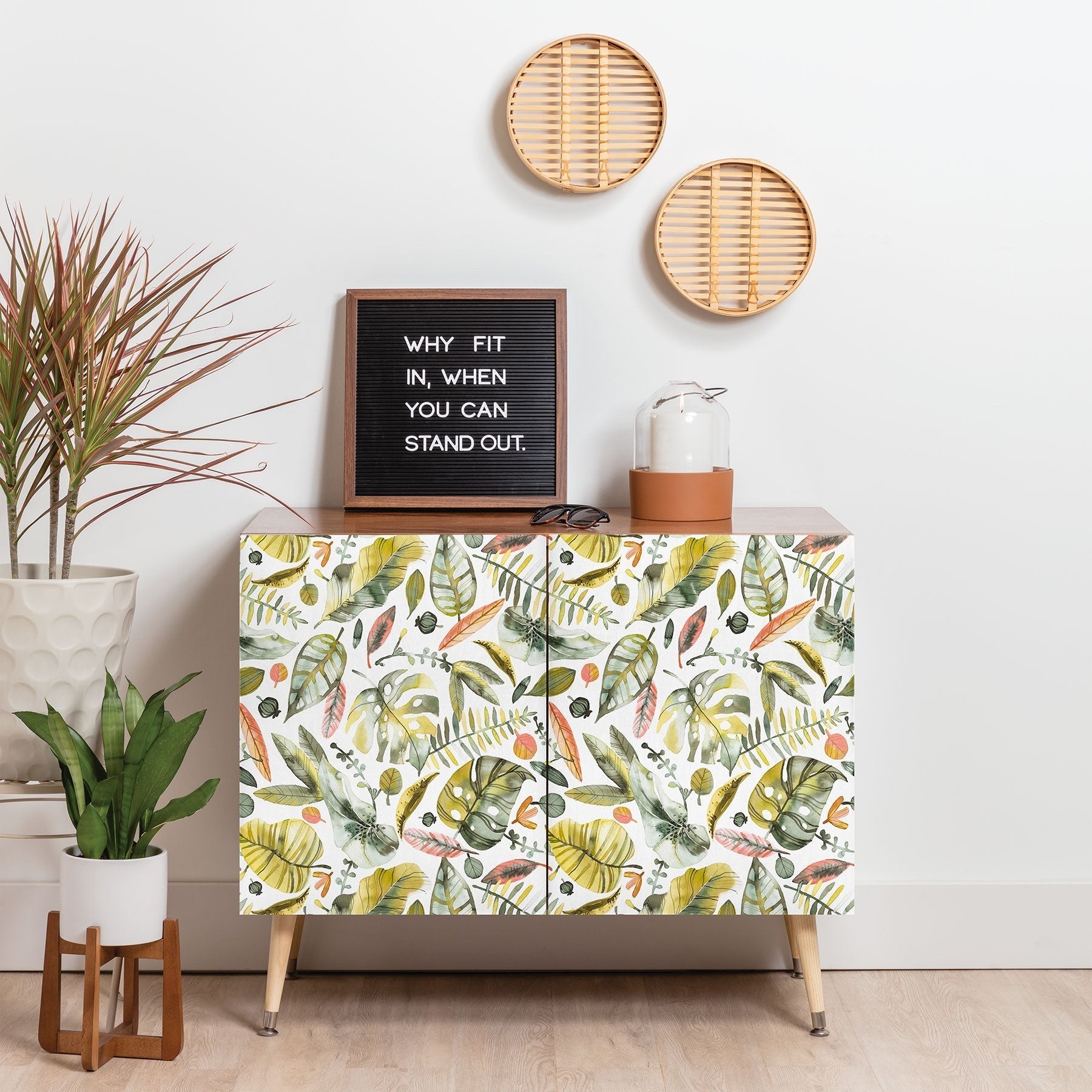 Ninola Design Botanic Retreat Tropical Jungle Leaves Botanical Green Orange Credenza