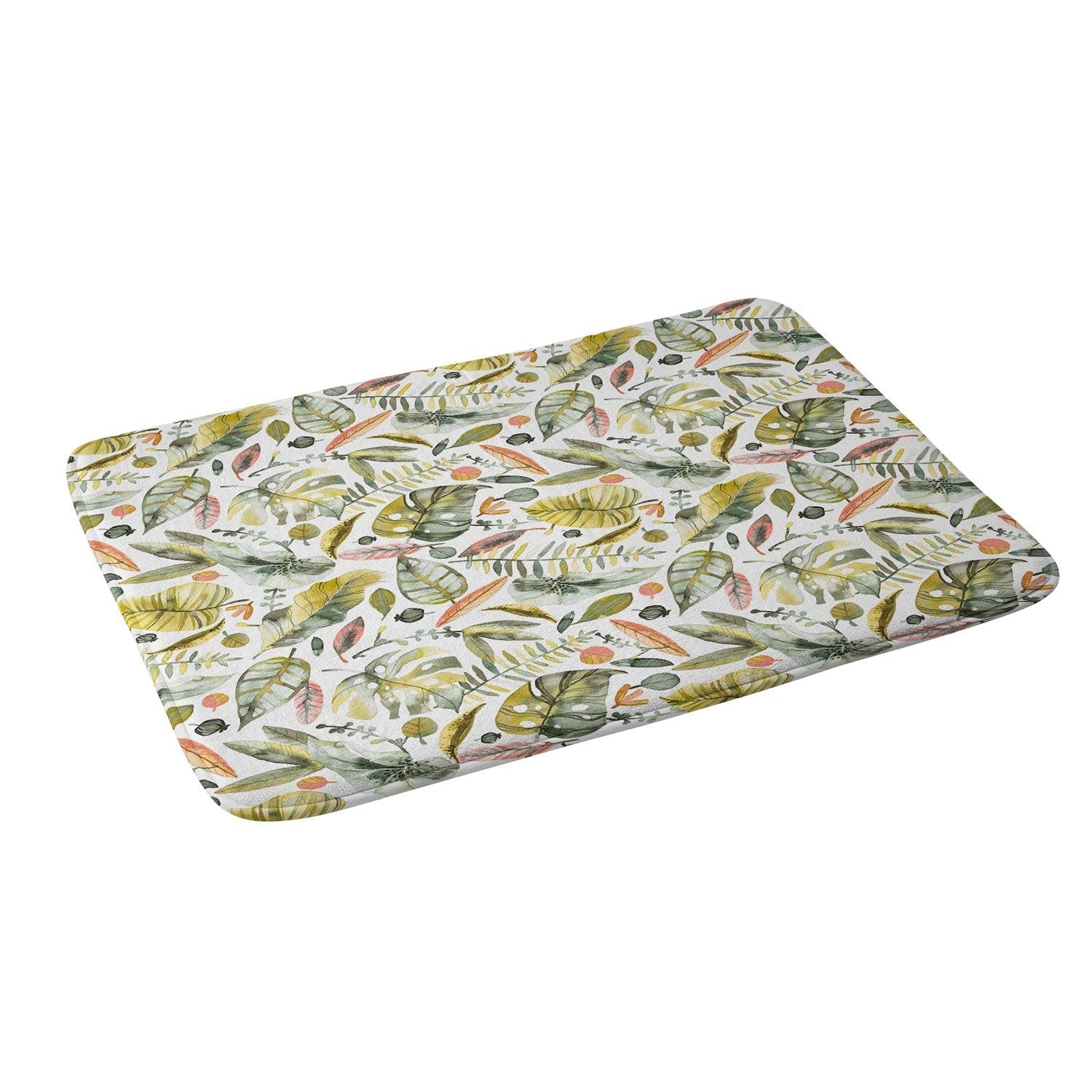 Ninola Design Botanic Retreat Tropical Jungle Leaves Botanical Green Orange Memory Foam Bath Mat