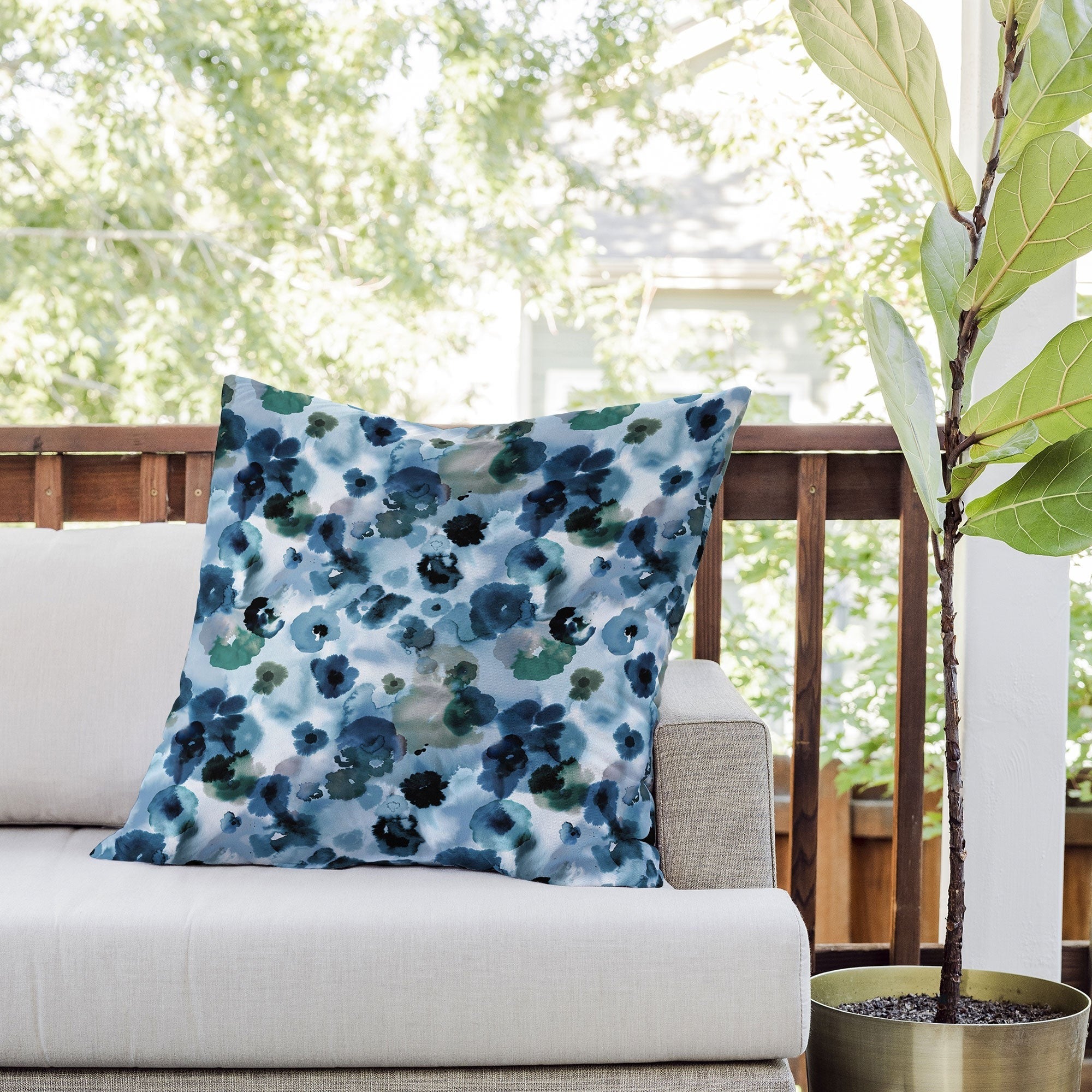 Ninola Design Botanic Retreat Ombre Abstract Watercolor Flowers Blue Navy Outdoor Throw Pillow