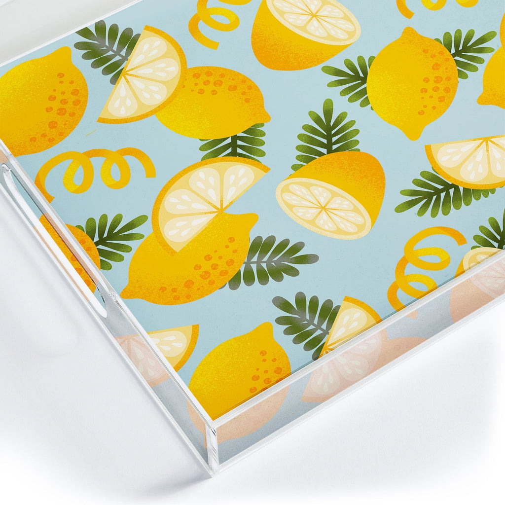 Jessica Molina Lemon Pattern on Sky Blue Acrylic Tray
