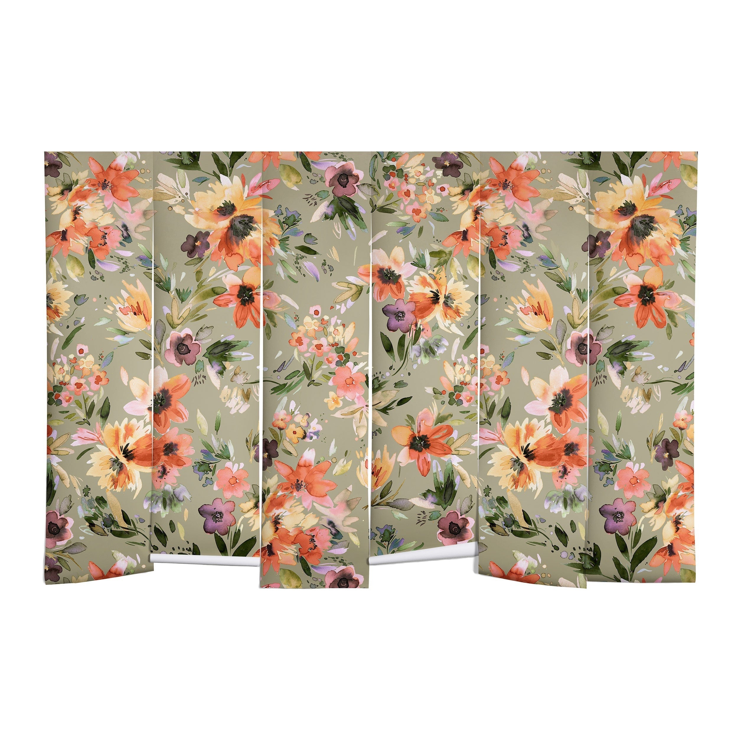 Ninola Design Botanic Retreat Painterly Tropical Flowers Sage Green Wall Mural